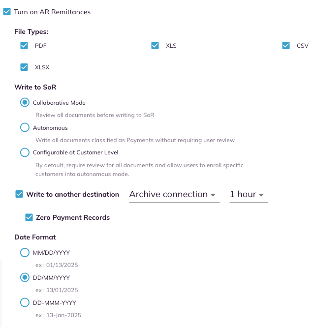 Turn on AR Remittances settings with File Types, Write to SoR options, Write to another destination, Zero Payment Records and Date Format