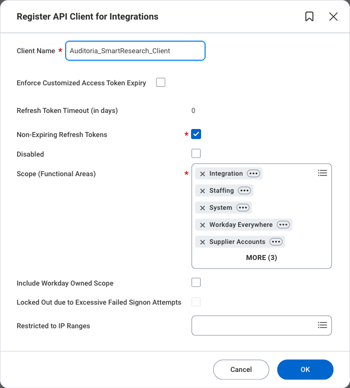 Registration form with an example Client Name, Non-Expiring Refresh Tokens selected and scopes in Scope (Functional Areas)