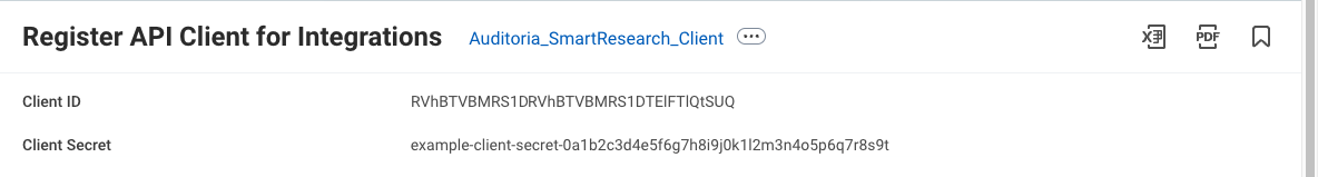 Registered API client with example Client ID and Client Secret values