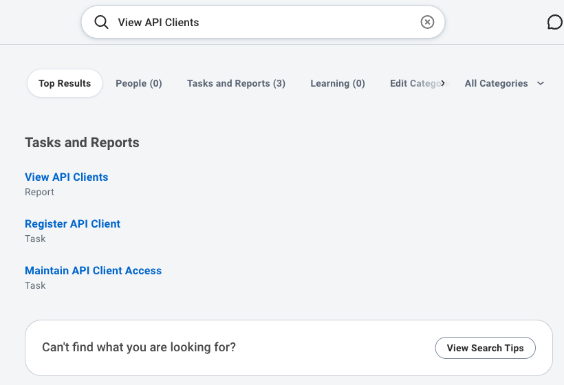 Workday search results with the View API Clients task