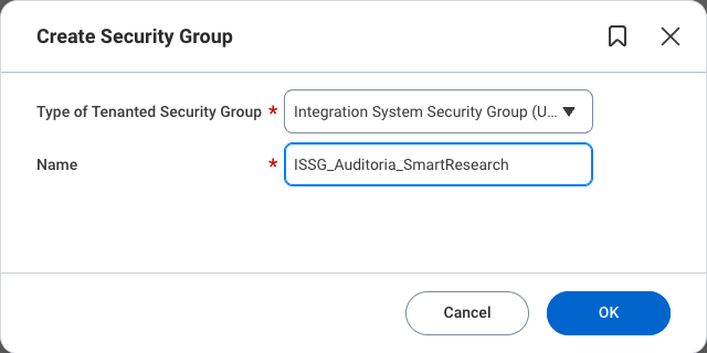 Create Security Group form with the Integration System Security Group (Unconstrained) type and an example group name