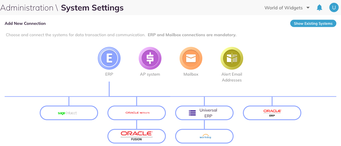 System Settings Add New Connection page with ERP and the Workday card under Universal ERP