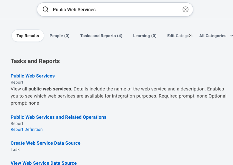 Workday search results with the Public Web Services report listed under Tasks and Reports