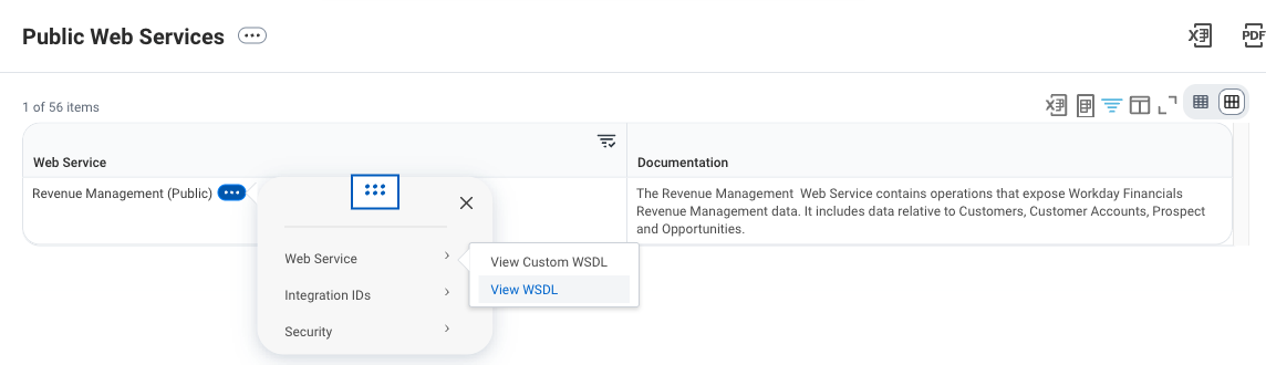 Related actions menu on the Revenue Management (Public) row with Web Service and View WSDL highlighted