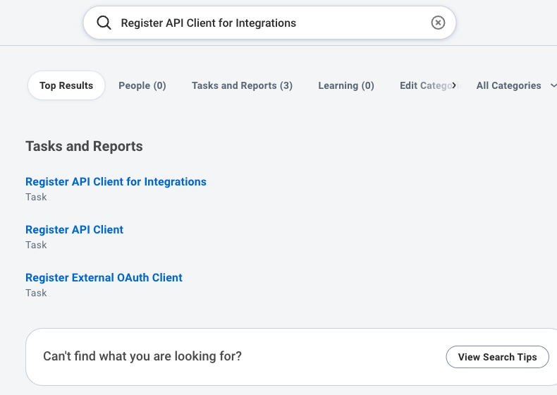 Workday search results with the Register API Client for Integrations task