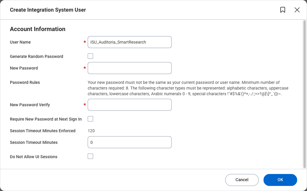 Create Integration System User form with an example User Name and Require New Password at Next Sign In cleared