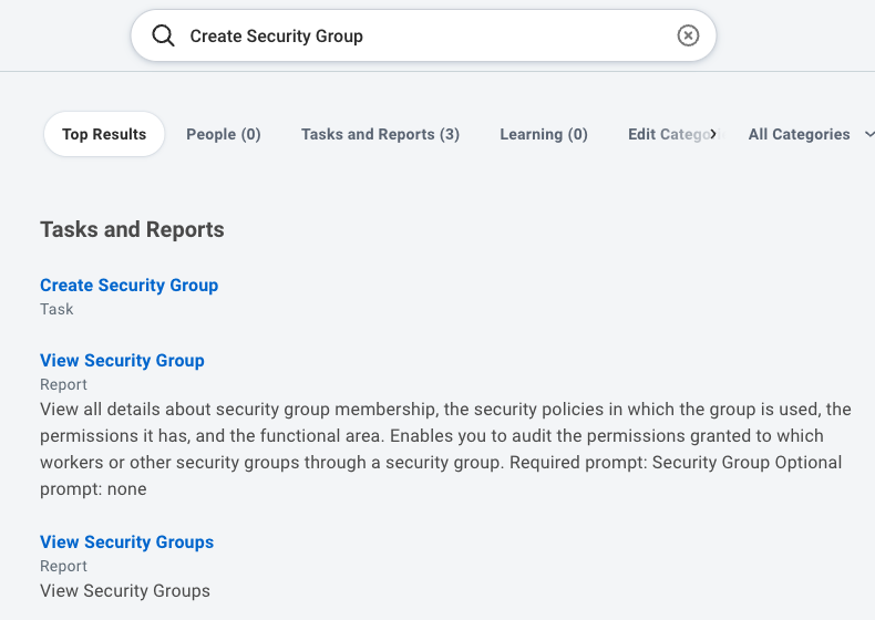 Workday search results with the Create Security Group task