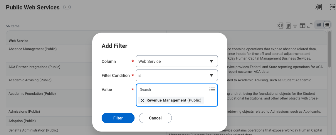 Add Filter dialog with Column set to Web Service, Filter Condition is, and Value Revenue Management (Public)