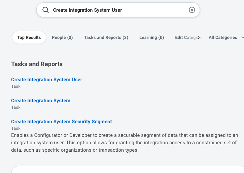 Workday search results with the Create Integration System User task