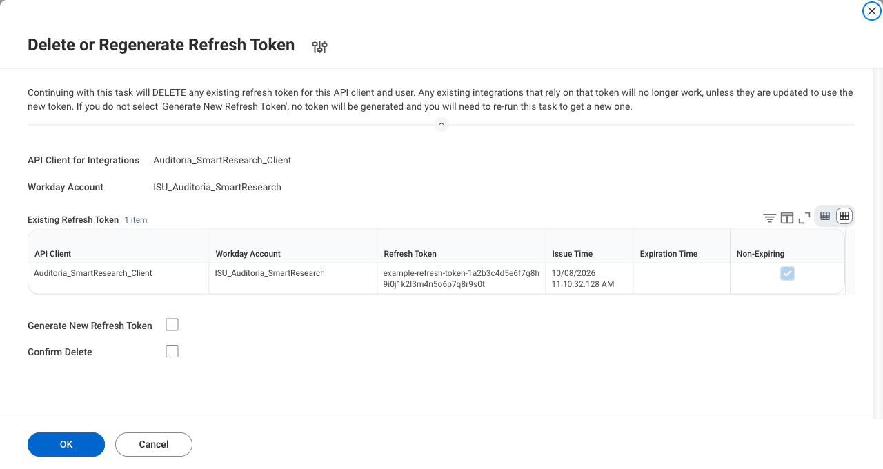 Delete or Regenerate Refresh Token page with the warning banner and the Generate New Refresh Token and Confirm Delete check boxes