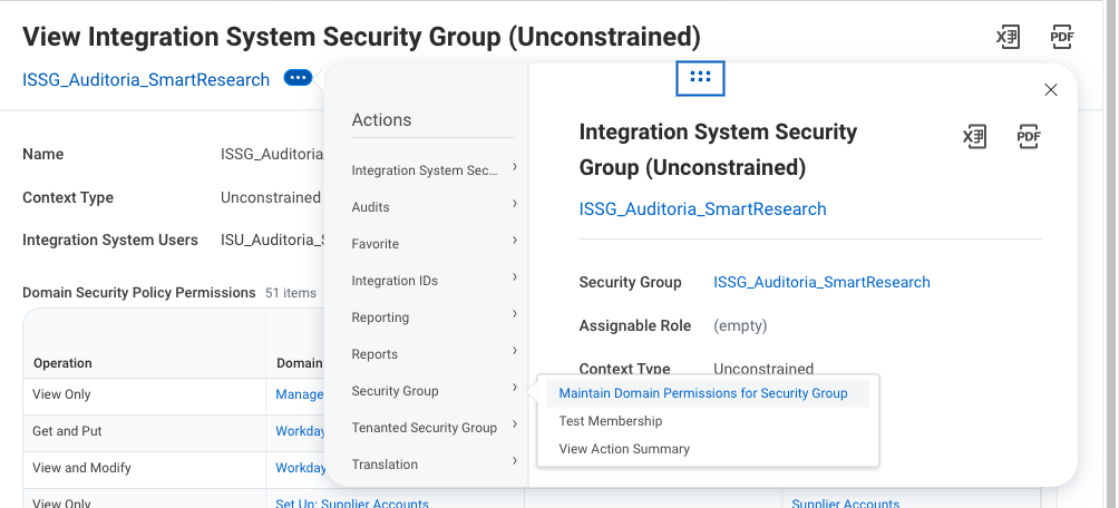 Related Actions menu on the security group with Security Group and Maintain Domain Permissions for Security Group highlighted