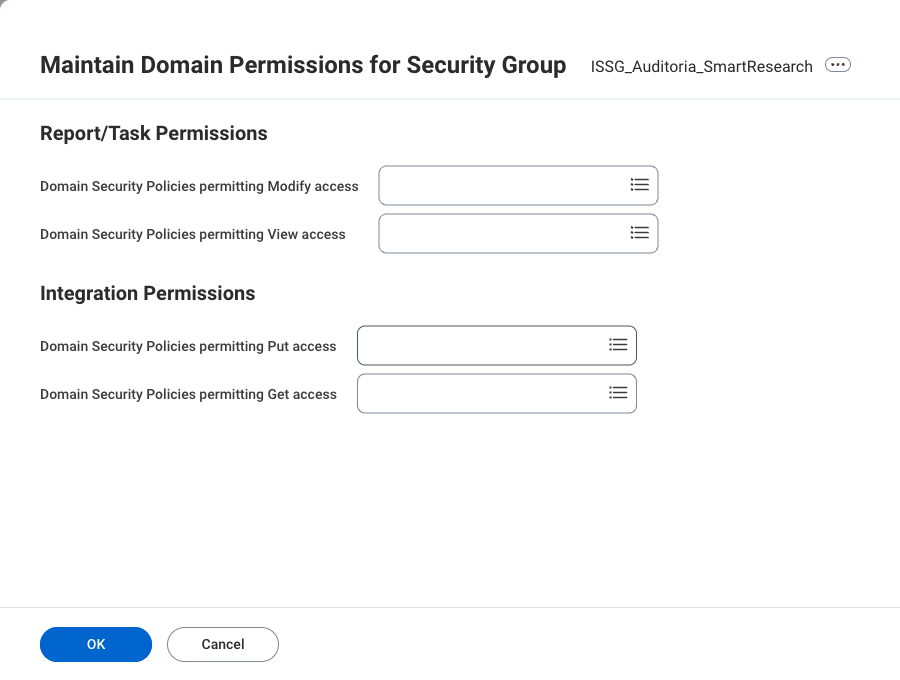 Maintain Domain Permissions form showing the Modify, View, Put and Get access fields
