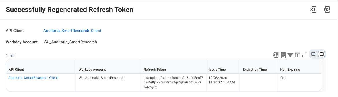 Successfully Regenerated Refresh Token page with an example refresh token for the API client and ISU