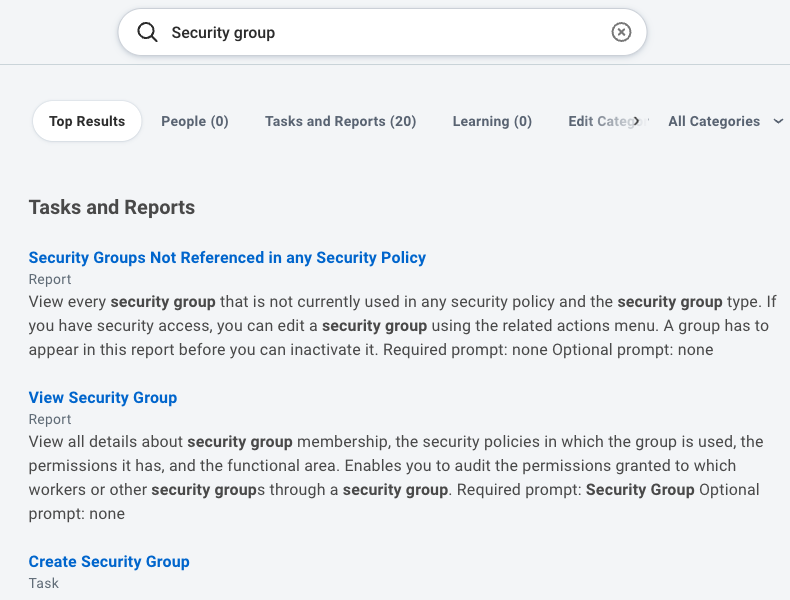 Workday search results for Security group with the View Security Group task listed