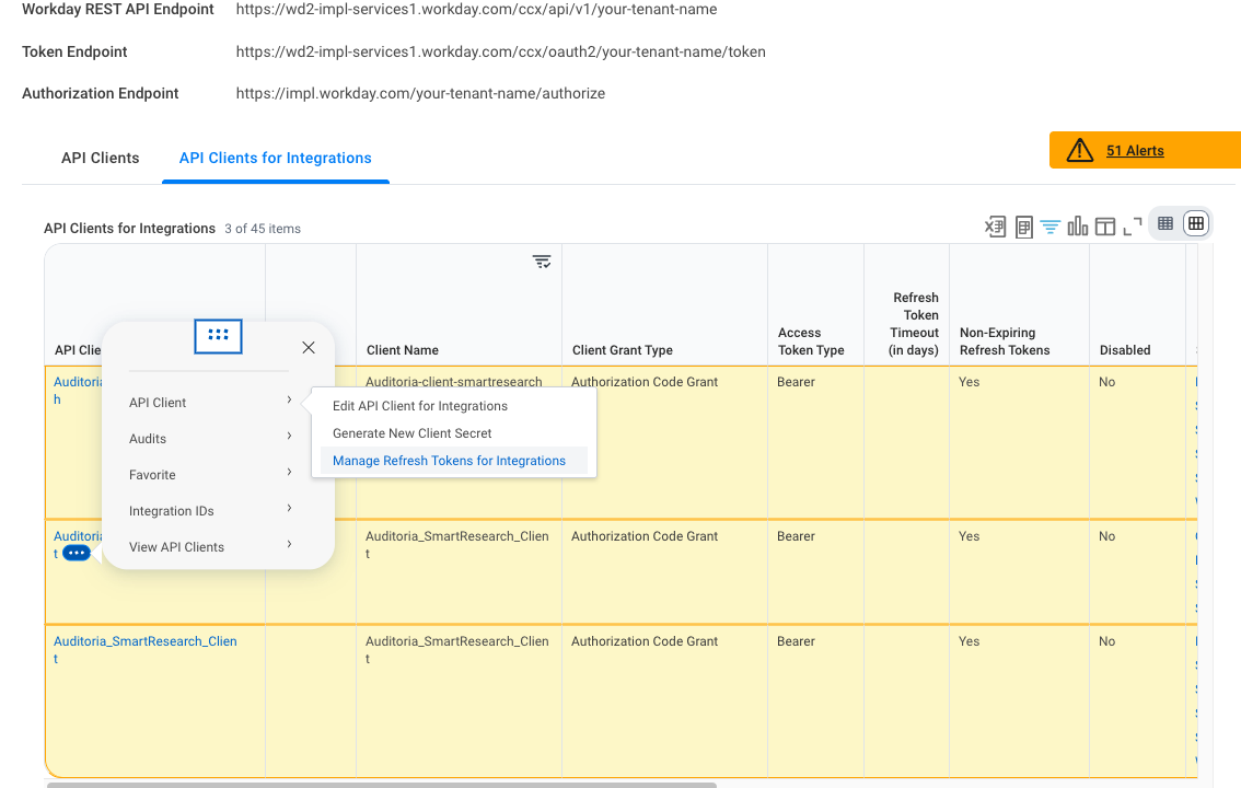 API Client submenu for a client with Manage Refresh Tokens for Integrations highlighted