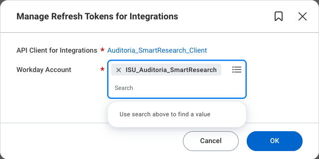 Manage Refresh Tokens for Integrations prompt with the API client and the ISU in Workday Account