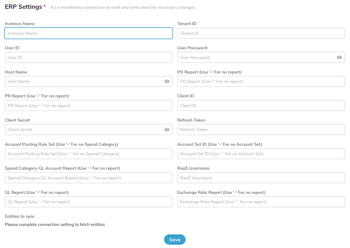 ERP Settings form with the Refresh Token field among the Workday connection fields