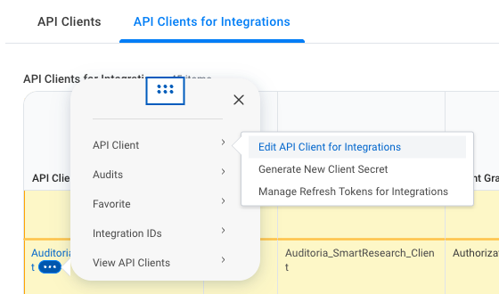API Client submenu on the API Clients for Integrations tab with Edit API Client for Integrations highlighted