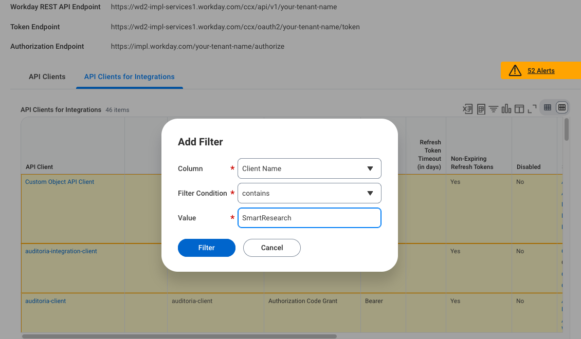 Add Filter dialog with Column set to Client Name, Filter Condition contains and an example value