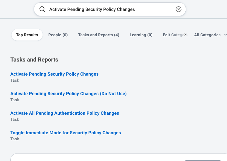 Workday search results with the Activate Pending Security Policy Changes task