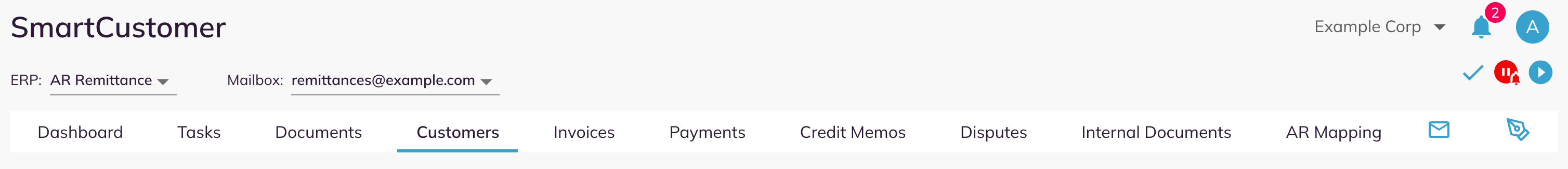 The SmartCustomer console header with the ERP and Mailbox pickers over the tab bar, Customers selected