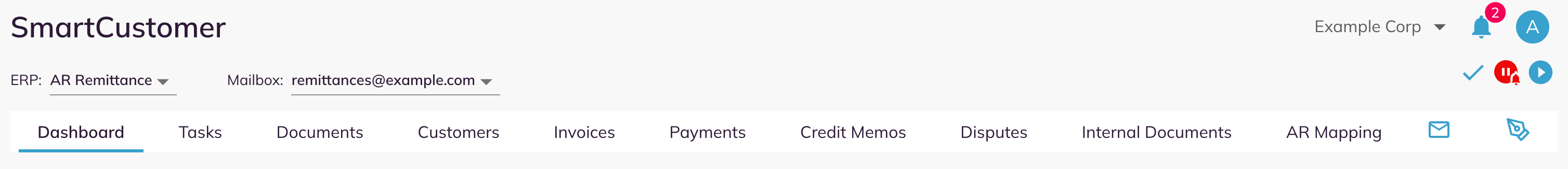 SmartCustomer console header with the ERP and Mailbox pickers, the tab bar, and the Mailbox icon