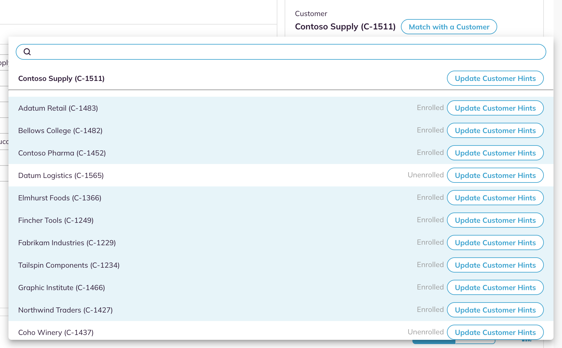 Match with a Customer list with a search box, customers marked Enrolled or Unenrolled, and Update Customer Hints buttons