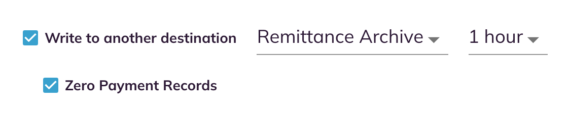 Write to another destination selected, with a destination list, a 1 hour frequency list, and the Zero Payment Records checkbox