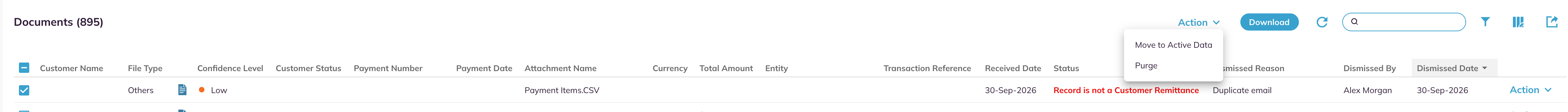 Toolbar Action menu on Dismissed Documents with Move to Active Data and Purge