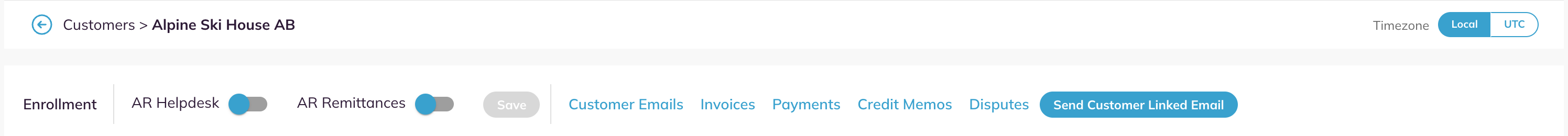 A customer page with the Enrollment switches for AR Helpdesk and AR Remittances, Save and the related record links