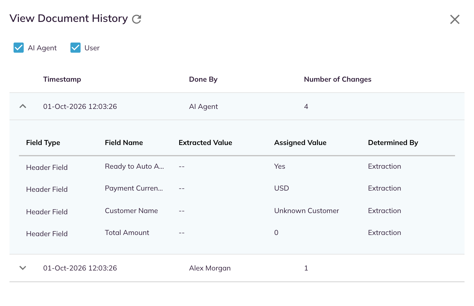 View Document History panel with an AI Agent entry expanded to its field detail