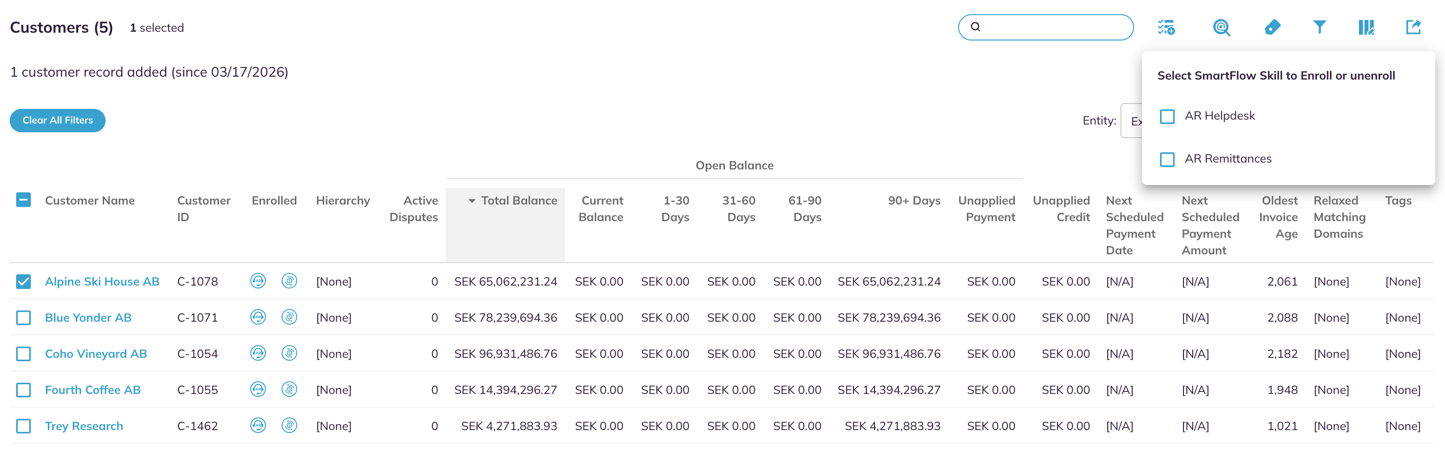 The Enroll or unenroll popover open over the Customers list, with an AR Remittances checkbox