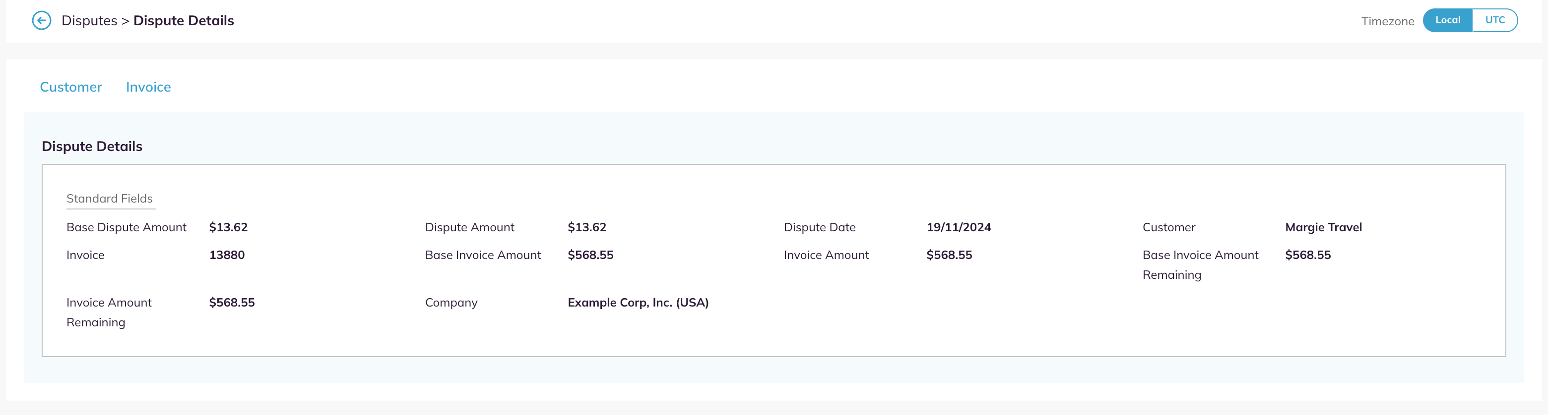 The Dispute Details panel with the dispute and invoice amounts and the Customer and Invoice links