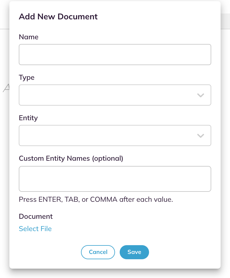 The Add New Document panel with Name, Type, Entity, Custom Entity Names, Select File, Cancel and Save