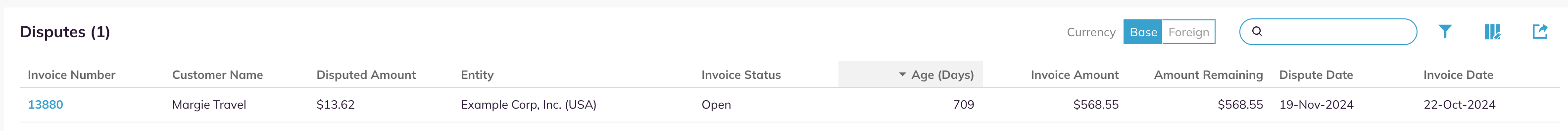 The Disputes tab with the Currency toggle, the toolbar and a disputed invoice