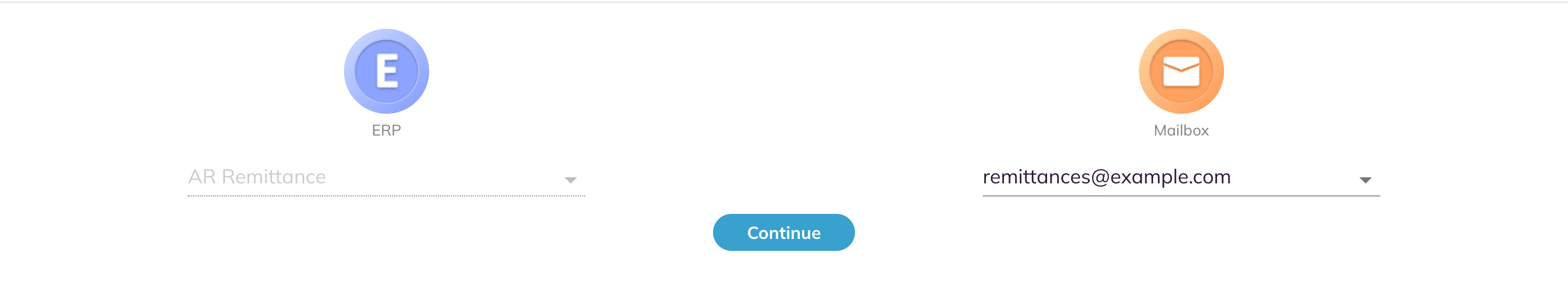 ERP field greyed out, Mailbox field with an address, and the Continue button