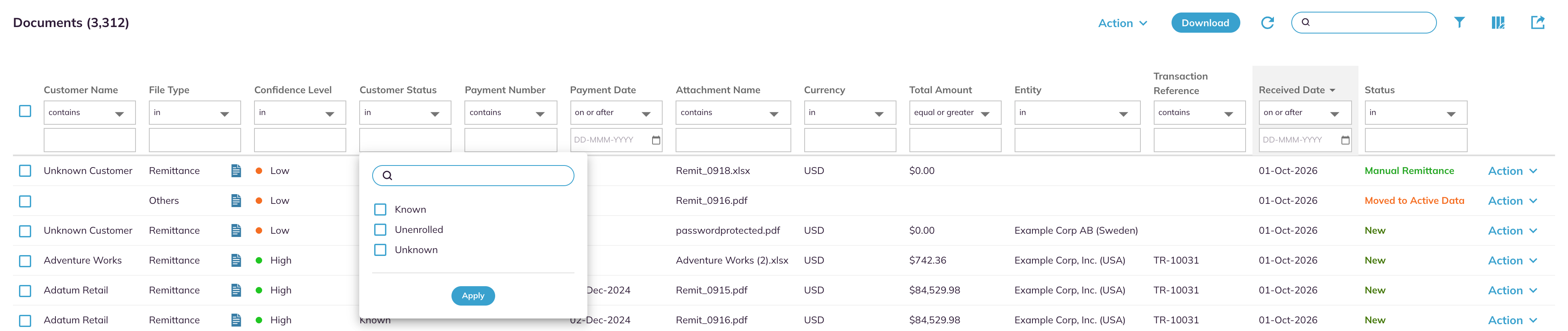 Filter row under the column headers with the Customer Status pick-list open
