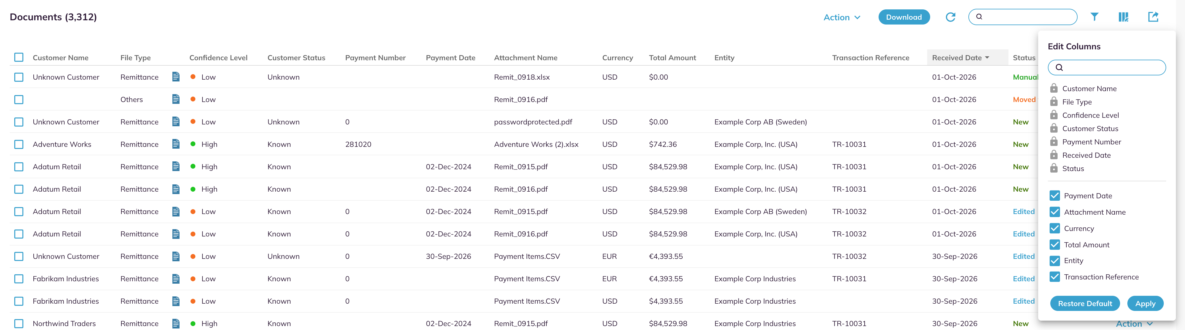 Edit Columns panel with locked columns, optional columns, Restore Default, and Apply