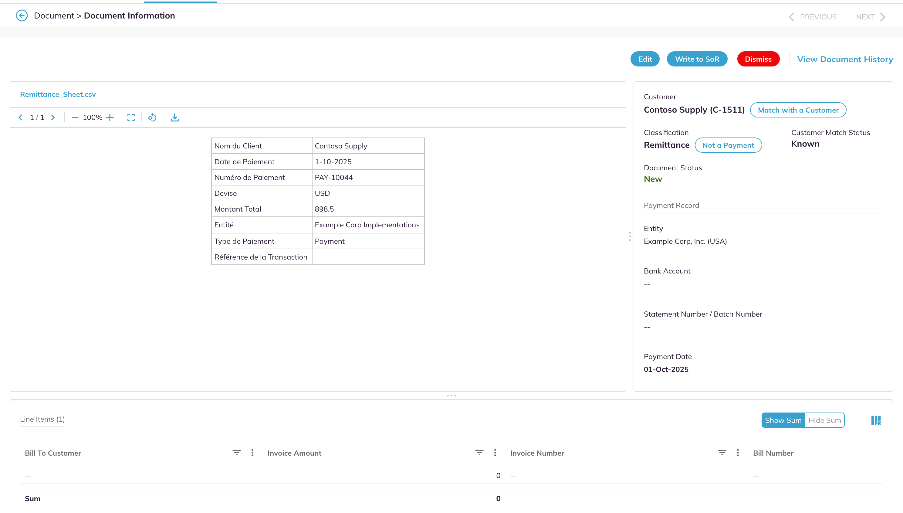 Document Information page with the action bar, preview pane, customer block, payment record, and line items