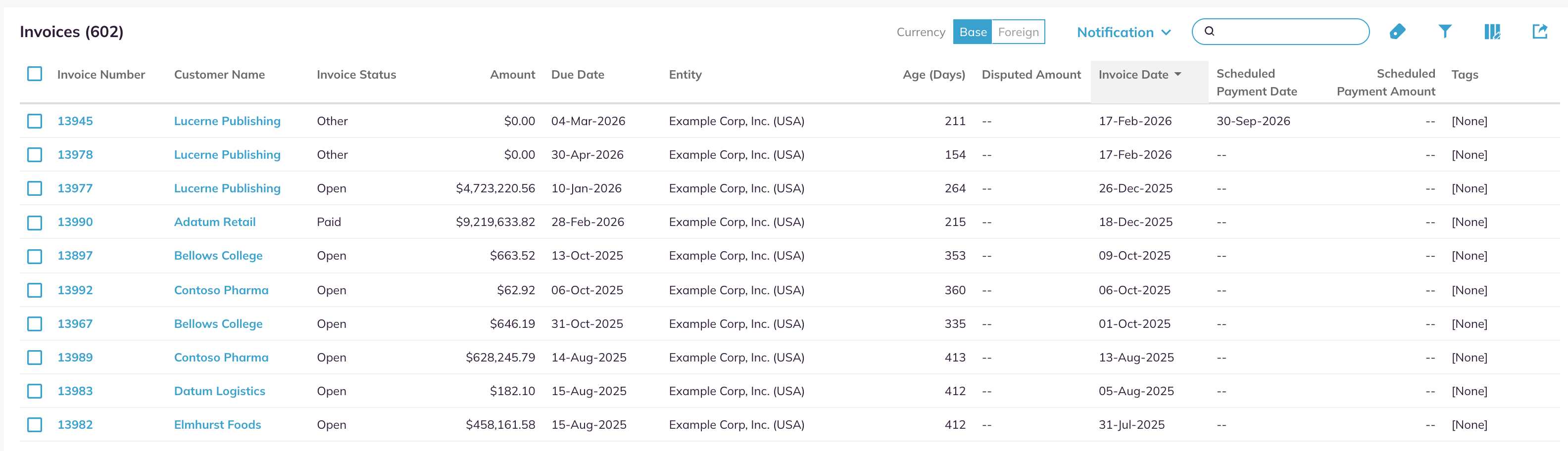 The Invoices tab with the Currency toggle set to Base, the toolbar and the invoice list