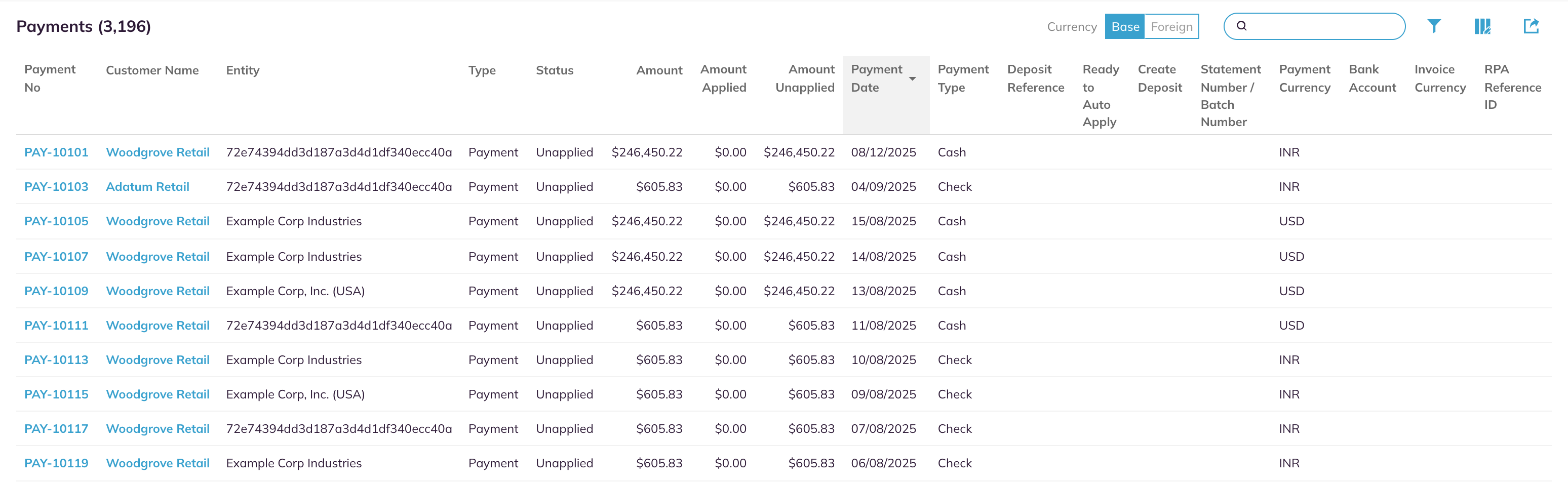 The Payments tab with the Currency toggle, the toolbar, the standard payment columns and further configured columns