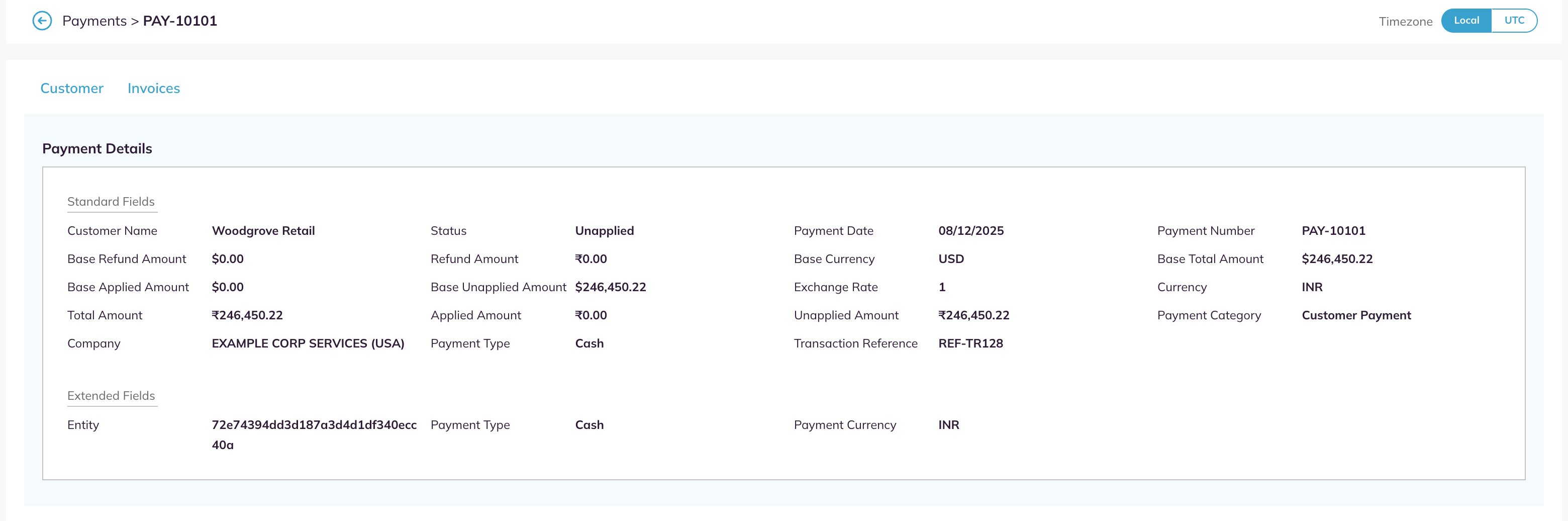 A payment details page with the Standard Fields and Extended Fields of the Payment Details panel