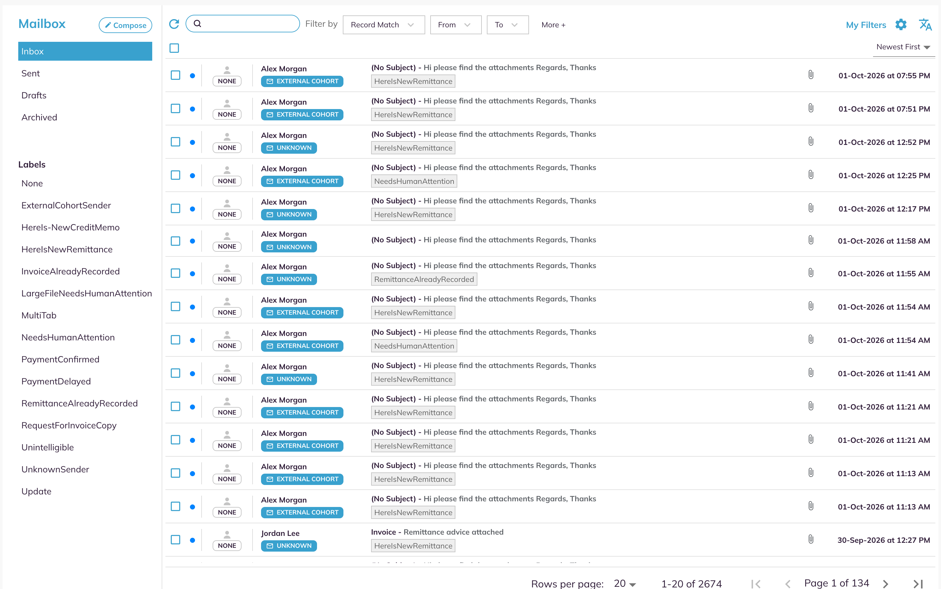 The Mailbox with its folders and Labels list on the left and remittance emails in the Inbox