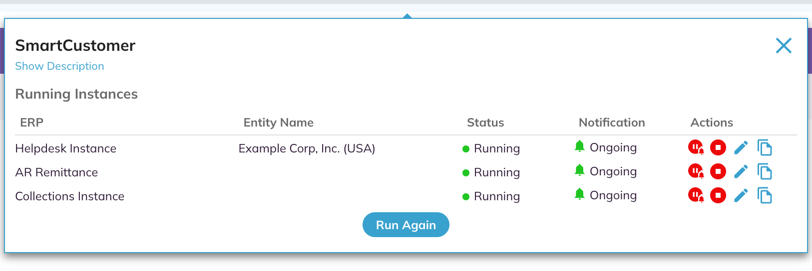 SmartCustomer panel with instance rows, each ending in red pause and stop icons, a blue pencil, and a blue copy icon