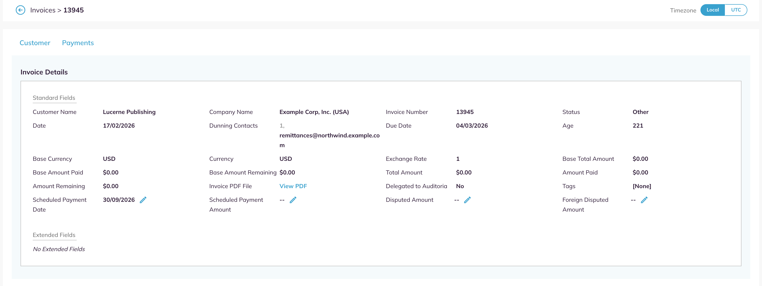 The Invoice Details panel with Standard Fields, pencil icons on four fields and the Extended Fields area