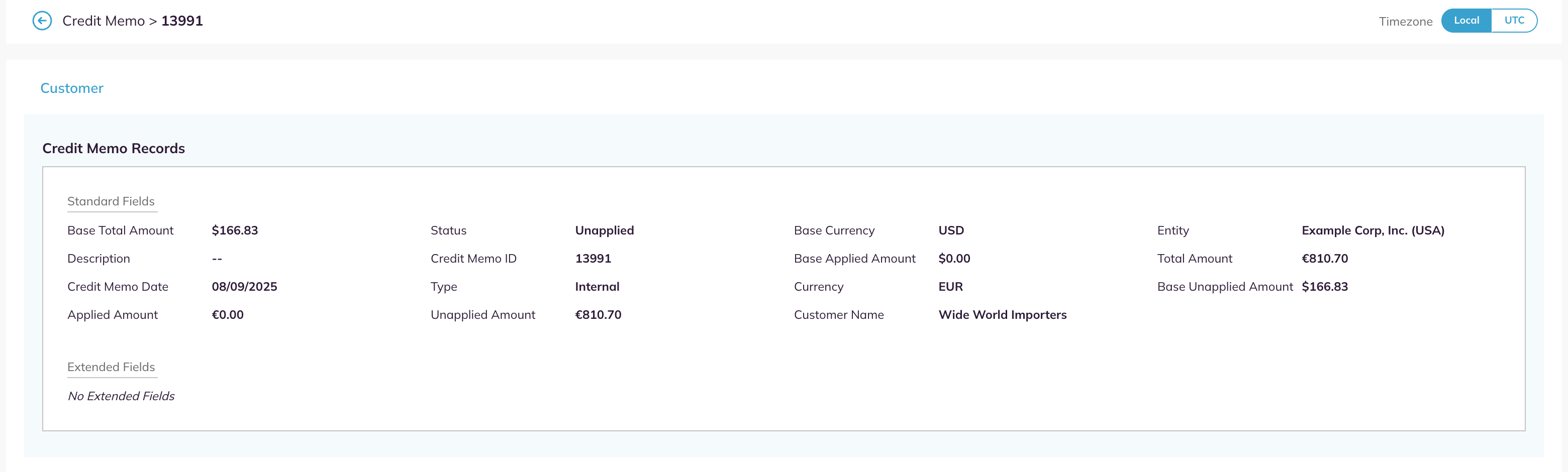 A credit memo details page with Base amounts in the base currency and other amounts in the credit memo currency