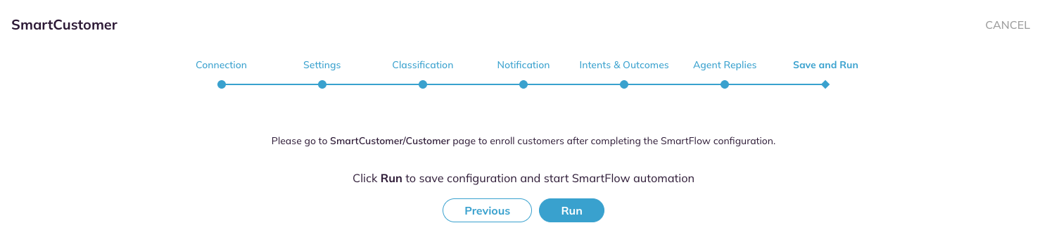 The Save and Run step with the step bar, the enrolment reminder, the Run instruction, and the Previous and Run buttons
