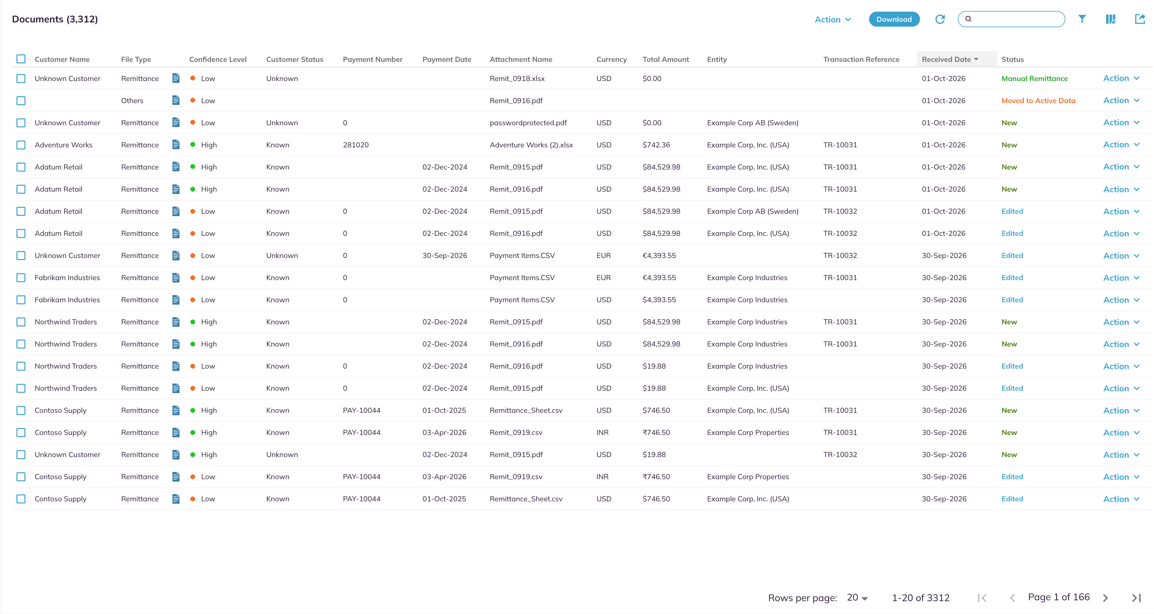 Active Data list with the toolbar, the default columns, and the paging bar