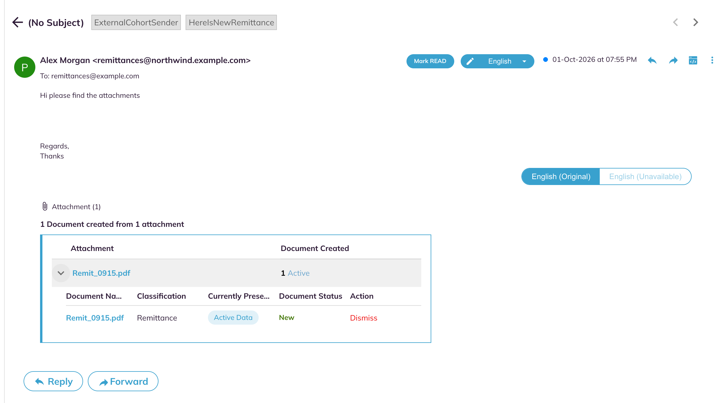 A remittance email with its attachment row expanded to show the document, its classification, sub-tab, status and Dismiss