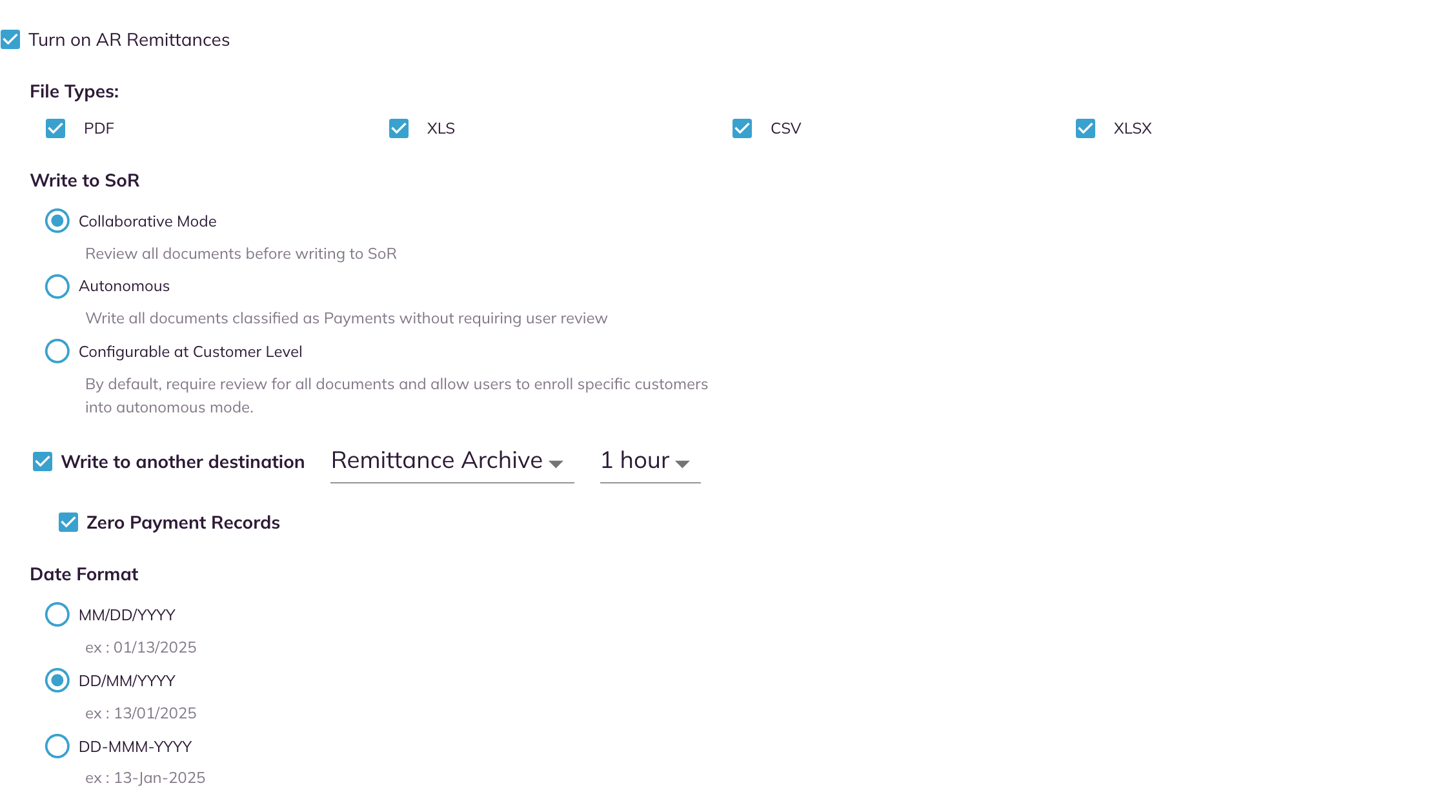 The AR Remittances options on the Settings step, with the four file types, the three Write to SoR options, Write to another destination, Zero Payment Records and the three Date Format options